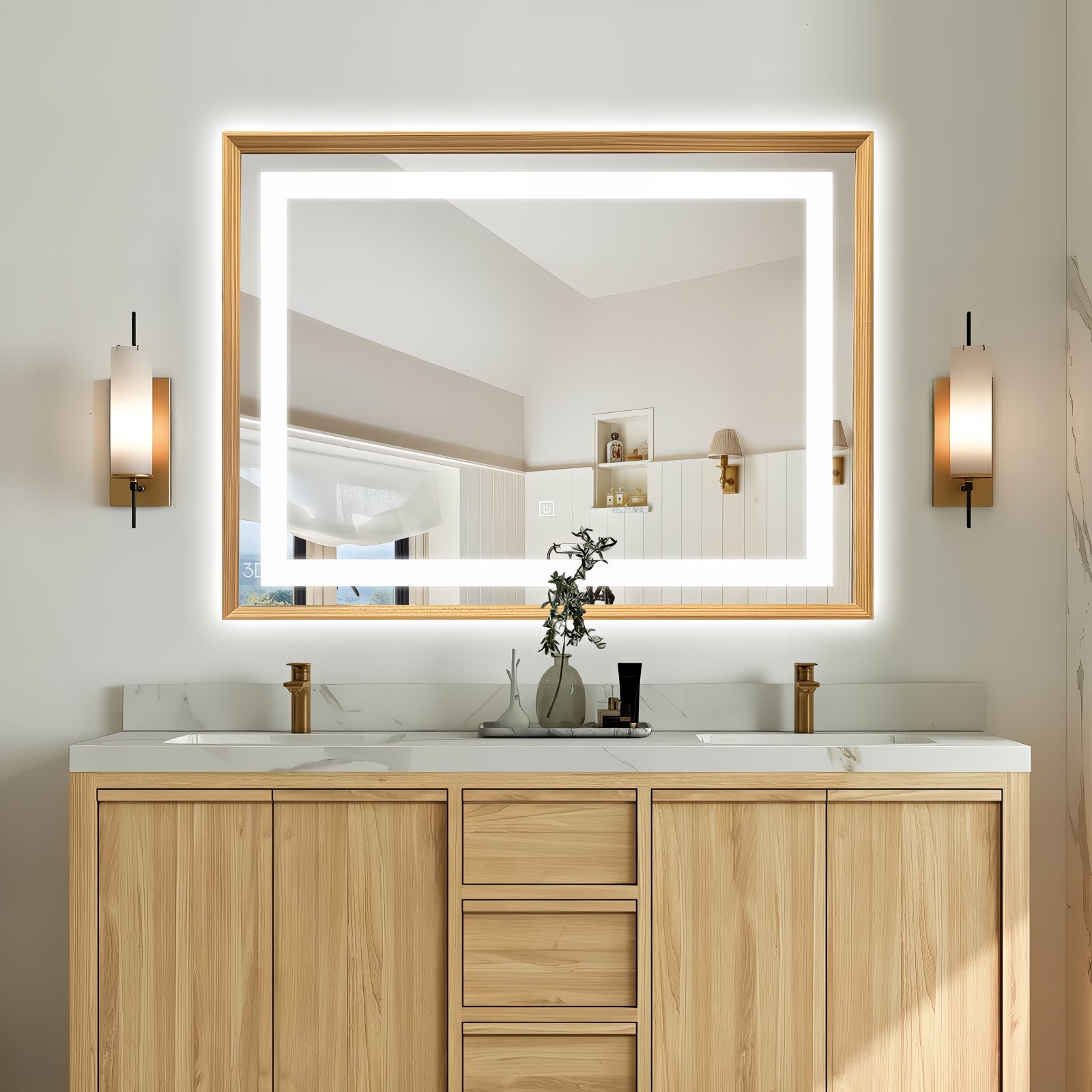 Miroir mural LED avec cadre bois