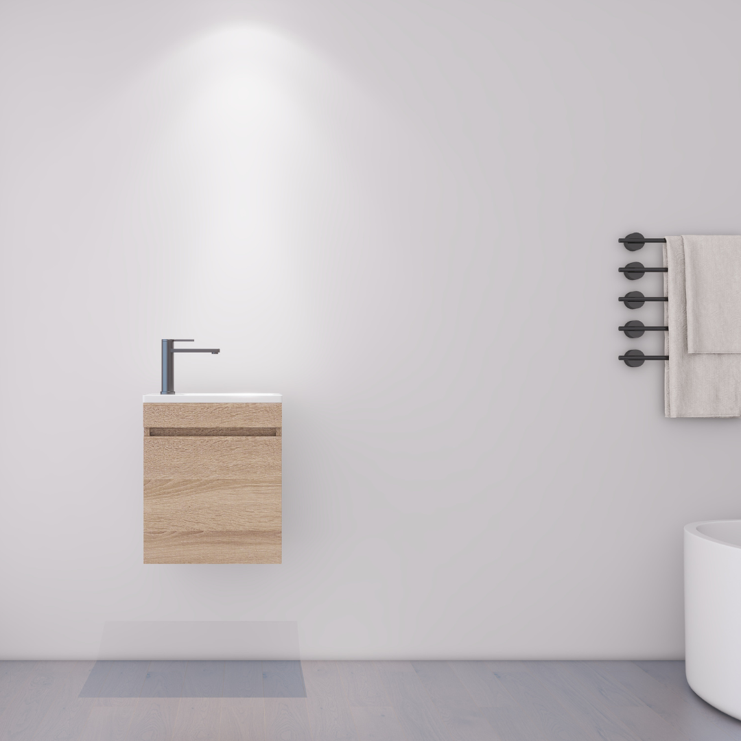 Mueble de lavabo compacto efecto madera con lavabo integrado