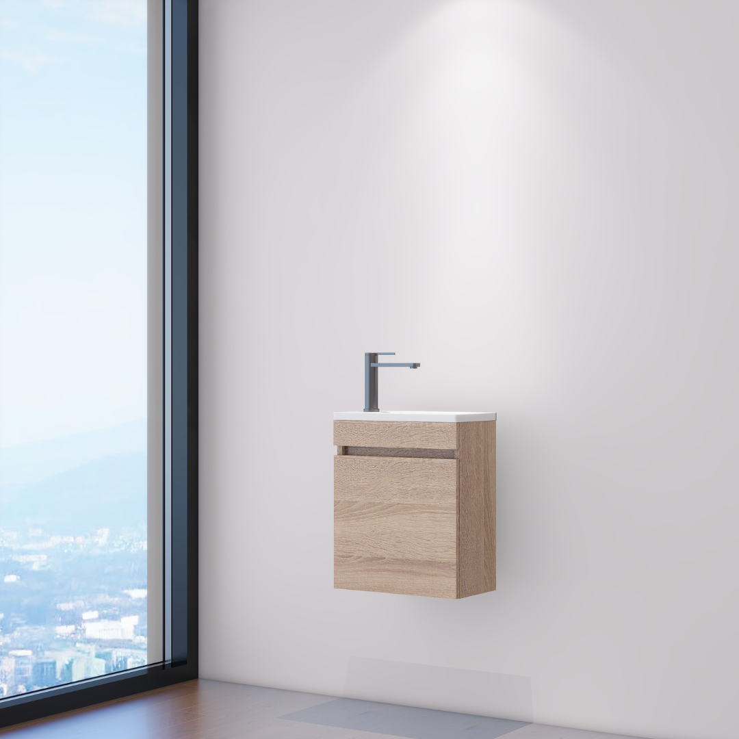 Mueble de lavabo compacto efecto madera con lavabo integrado