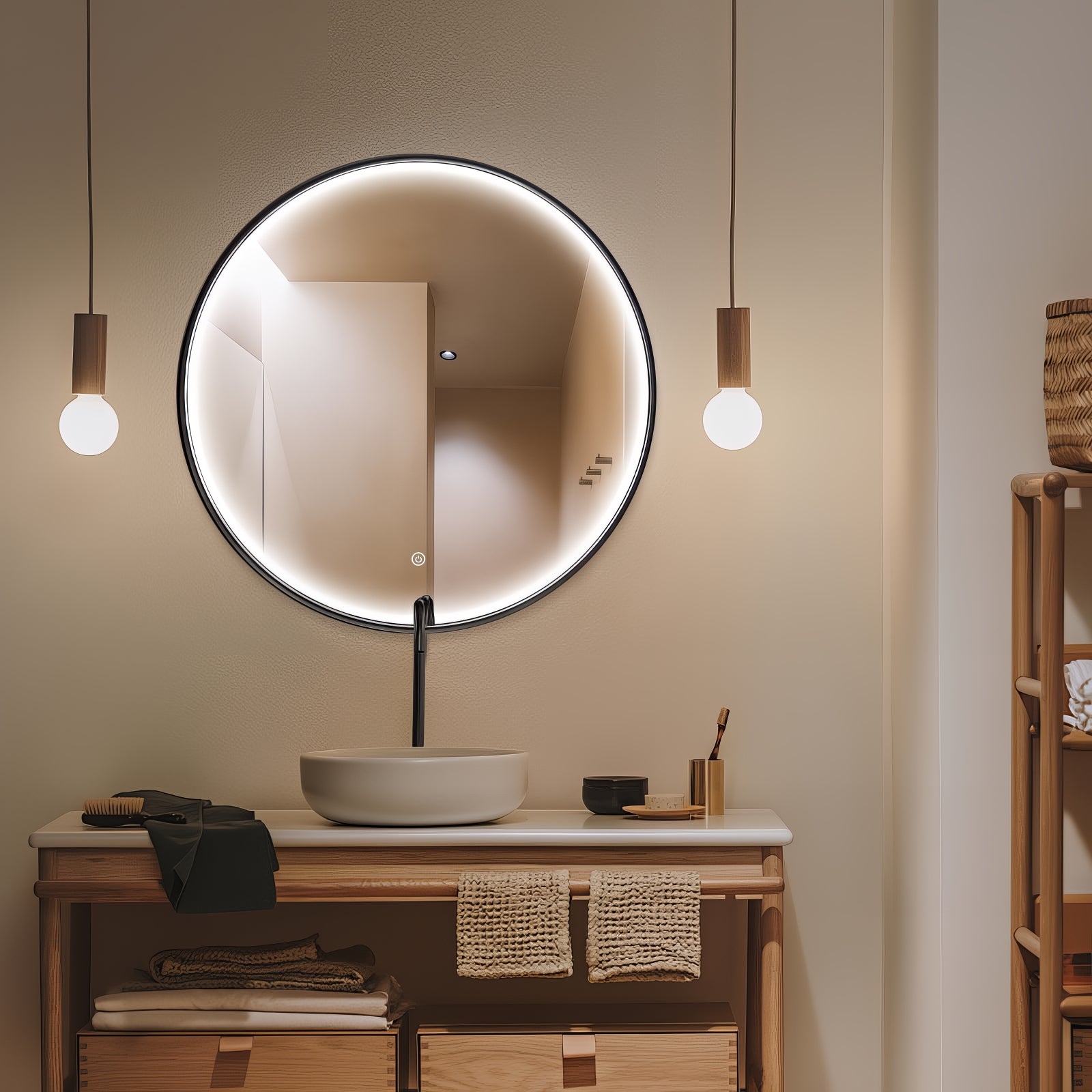 Miroir rond LED avec cadre aluminium noir ⌀70cm