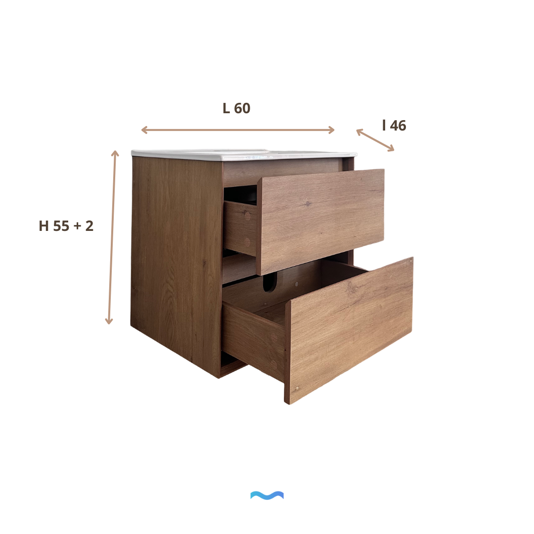 Meuble suspendu effet bois clair de deux tirroirs avec vasque taille 60 cm