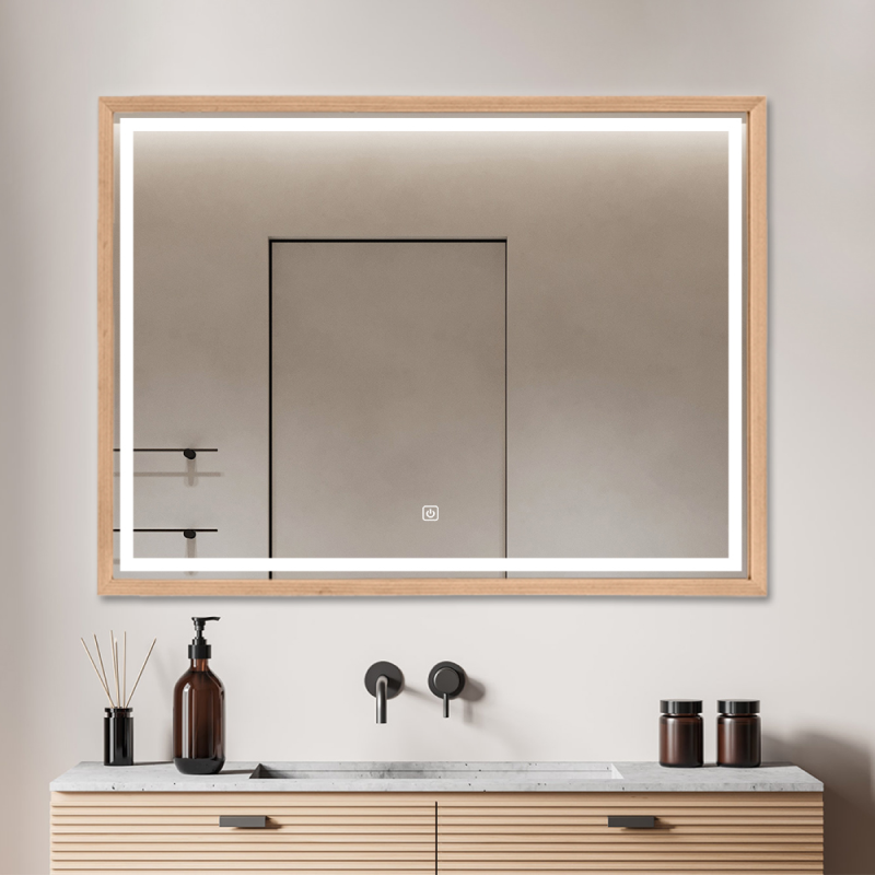 Miroir mural LED avec cadre bois