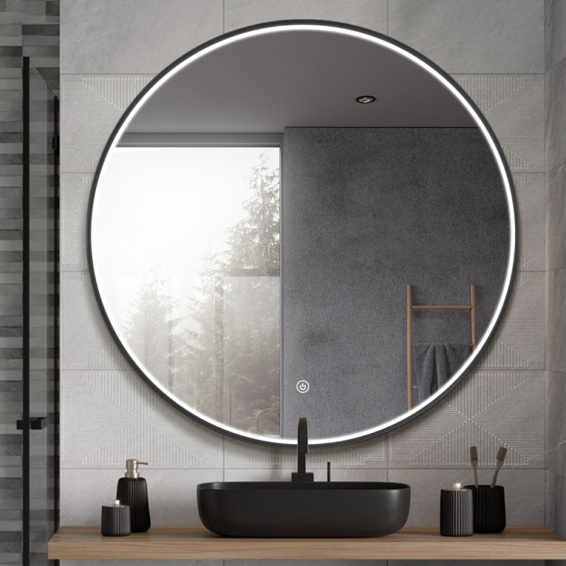 Miroir rond LED avec cadre aluminium noir ⌀70cm