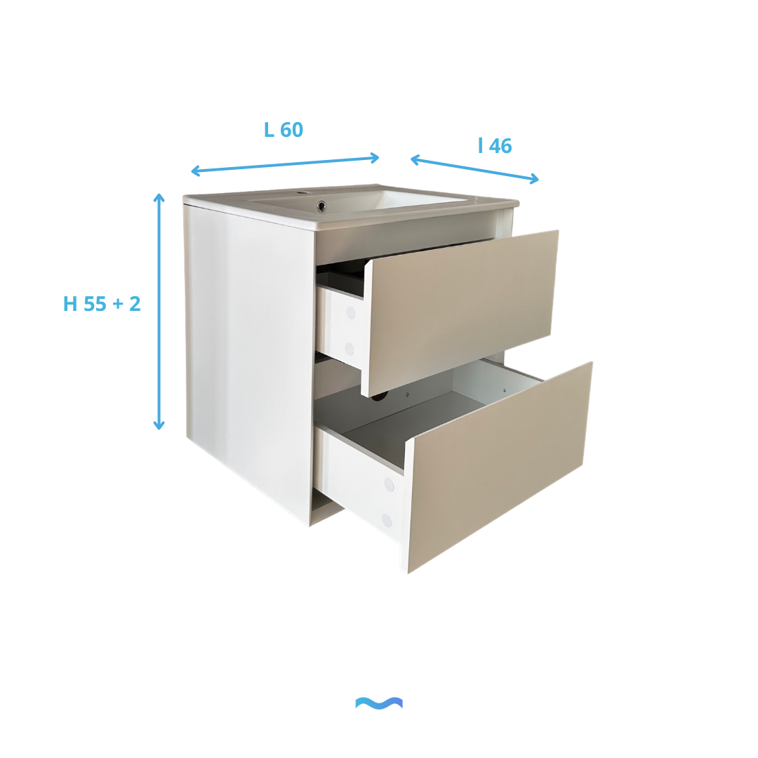 Meuble suspendu avec vasque intégrée blanc et deux tiroirs en taille 60 cm