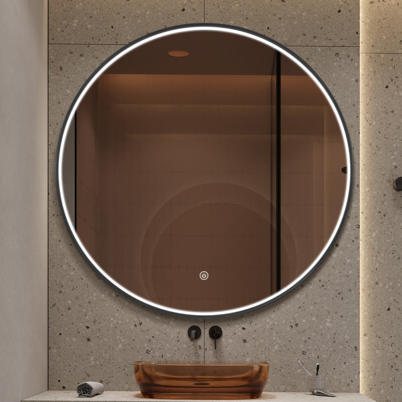 Miroir rond LED avec cadre aluminium noir ⌀70cm