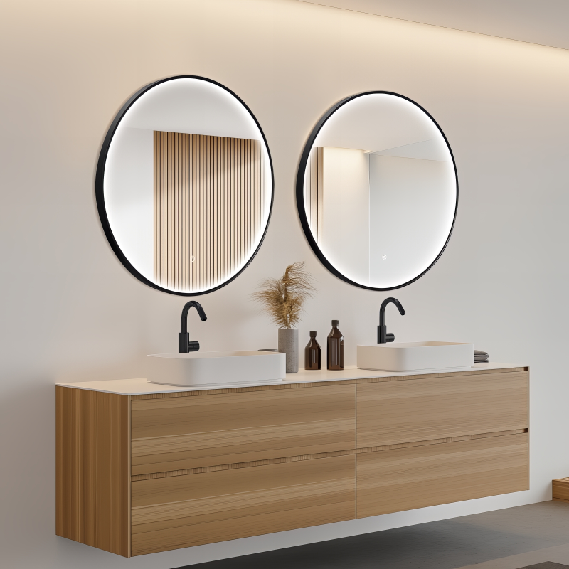 Miroir rond LED avec cadre aluminium noir ⌀70cm