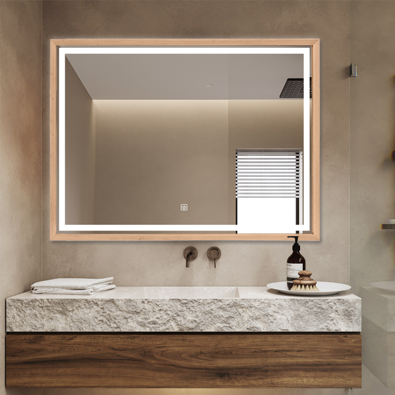 Miroir mural LED avec cadre bois