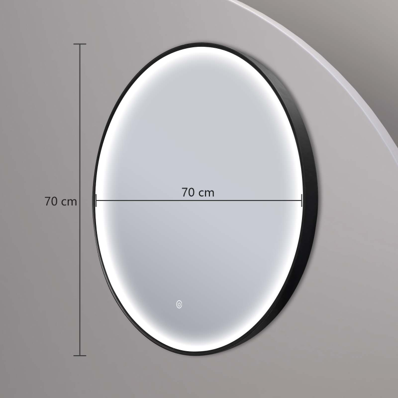 Miroir rond LED avec cadre aluminium noir ⌀70cm