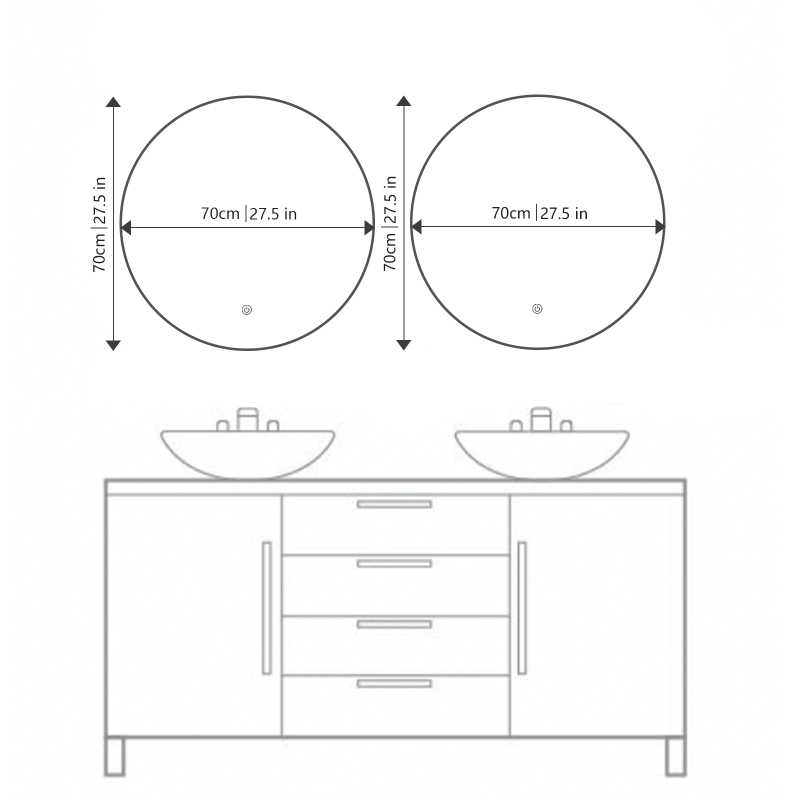 Miroir rond LED avec cadre aluminium noir ⌀70cm